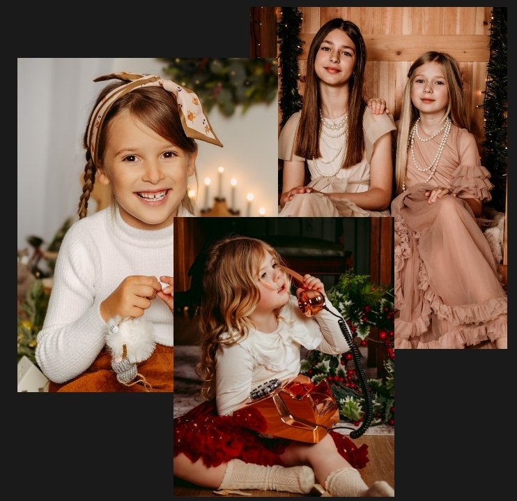 A collage of cherished Christmas memories from Sandi Studio, showcasing genuine portraits of young girls. It includes a close-up happy smile, a playful moment with a vintage telephone, and two girls sitting together in a festive, warmly lit setting.