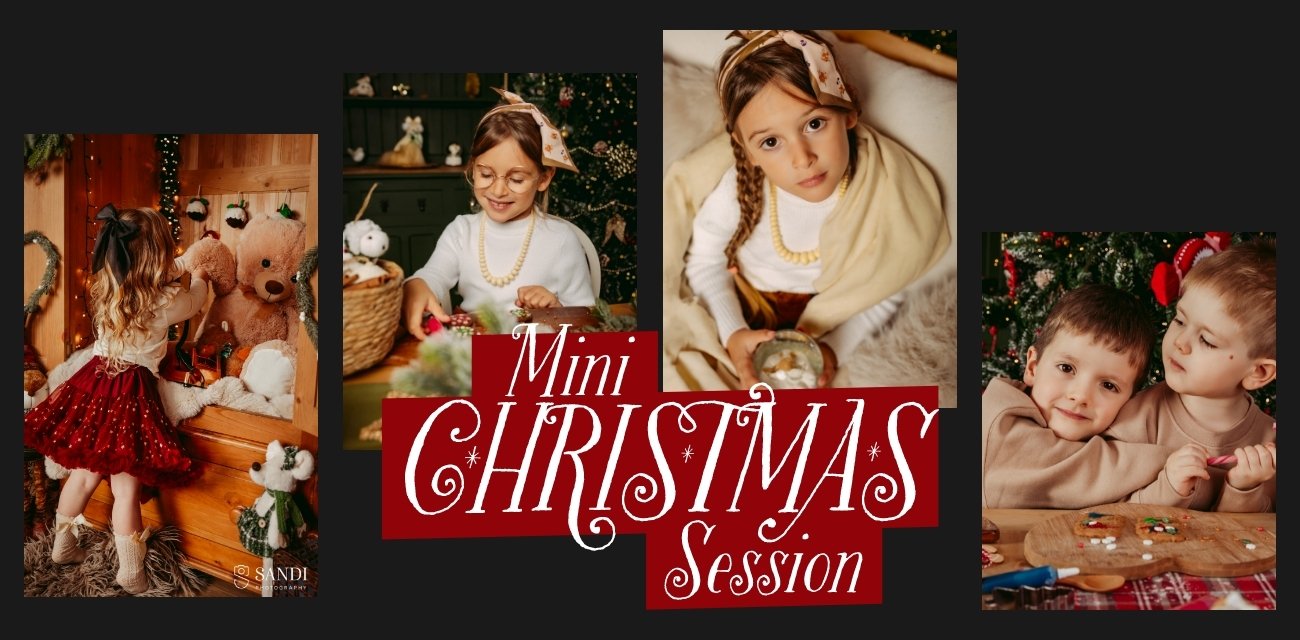 Banner for Sandi Studio's 'Mini Christmas Session', showing a collage of two festive photos: a young girl with glasses decorating at a table, and two young boys smiling together over a gingerbread man.